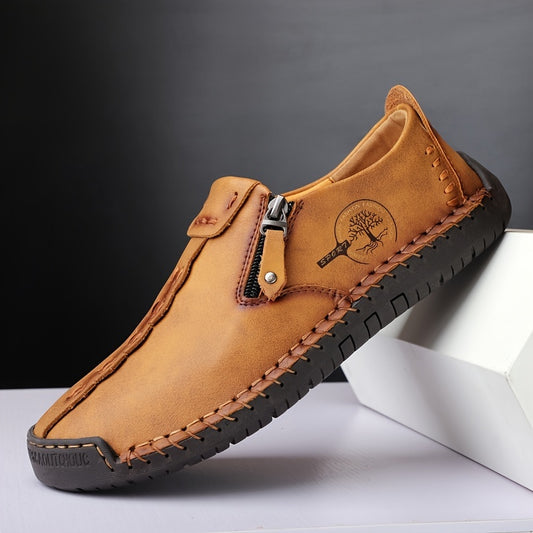 Vintage Zipper Loafers for Men – Handmade Look, Microfiber Leather, Round Toe