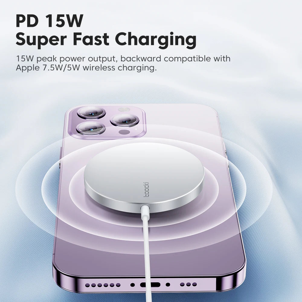 Toocki 15W Magnetic Wireless Charger – Fast Qi Charging Pad for iPhone 12–16 (USB-C)